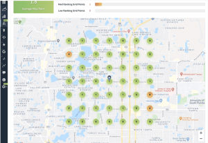 Local Search Grid interface with colored markers showing local SEO results