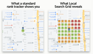 Comparing a regular Local SEO rank tracker which shows one location pin, to Local Search Grid, which shows many location pins.